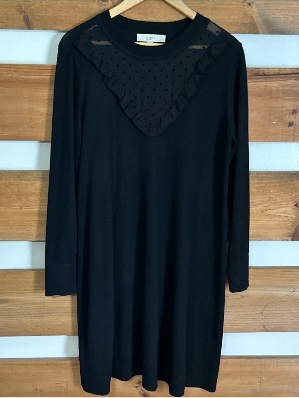 LOFT Wool Blend Solid Black Long Sleeve Sweater Dress Swiss Dot Neck Accent L
